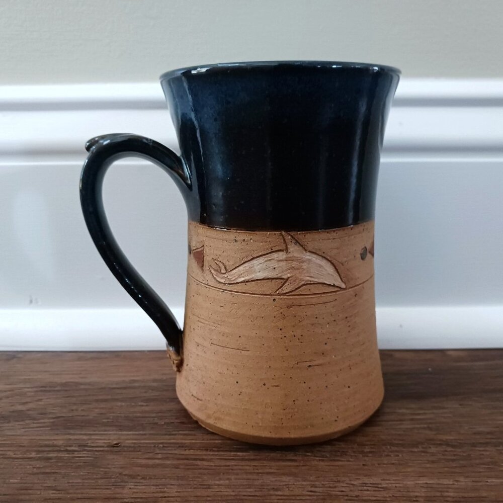 Nelson Pottery Turtle Dolphin Blue Tan Tall Mug Cup 5.25"